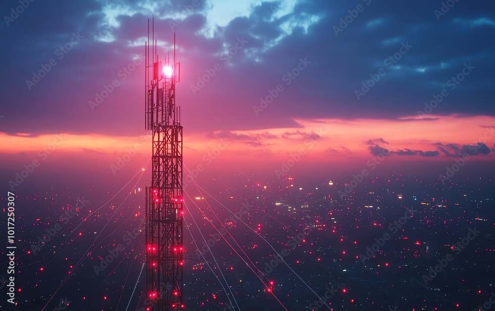Poster a cuttingedge 5g base station receiver on a telecom tower, with luminous network connections stretch