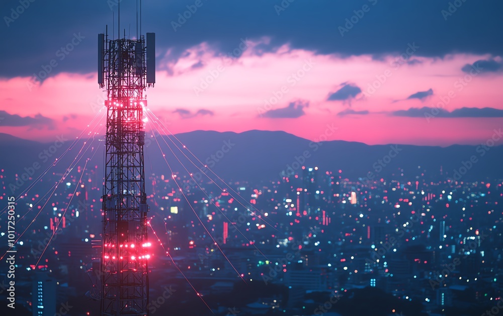 Poster a cuttingedge 5g base station receiver on a telecom tower, with luminous network connections stretch
