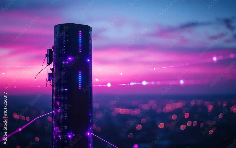 Poster a cuttingedge 5g base station receiver on a telecom tower, with luminous network connections stretch