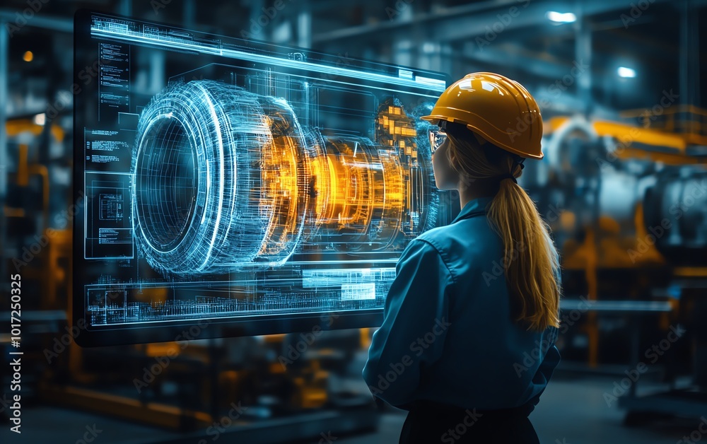 Aufkleber A detailed holographic display of machinery internals viewed by a factory worker, emphasizing proactive issue detection in predictive maintenance