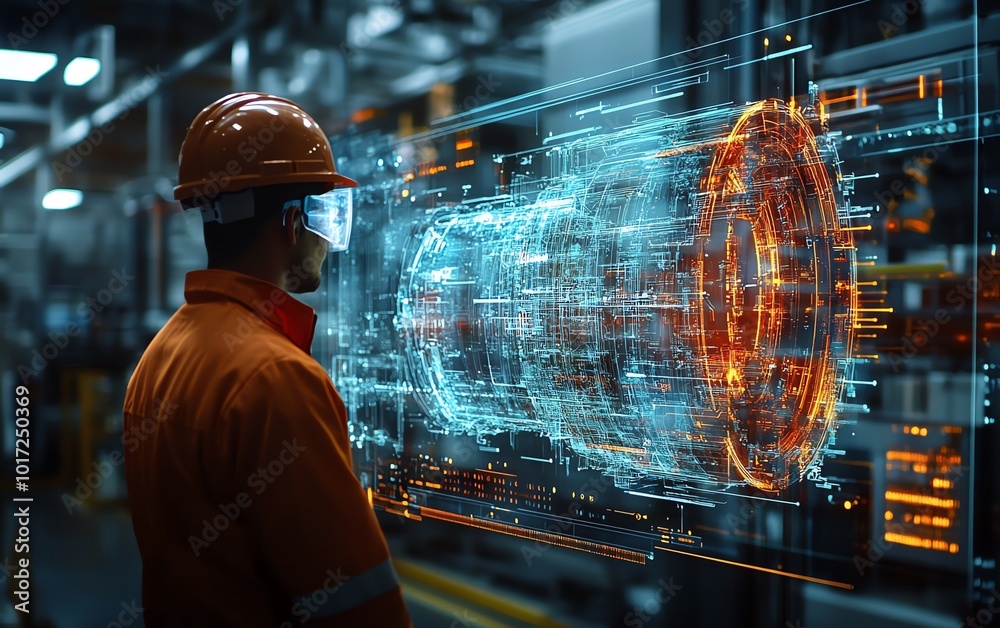 Leinwandbilder a detailed holographic display of machinery internals viewed by a factory worker, emphasizing proact