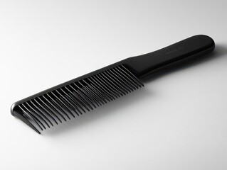 sleek black plastic comb with fine teeth isolated against a pure white backdrop, highlighting its design and functionality in a clean and modern aesthetic