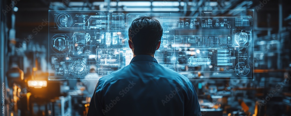 Aufkleber A factory worker reviews a holographic projection of a machines inner workings, showcasing innovative solutions for proactive issue resolution