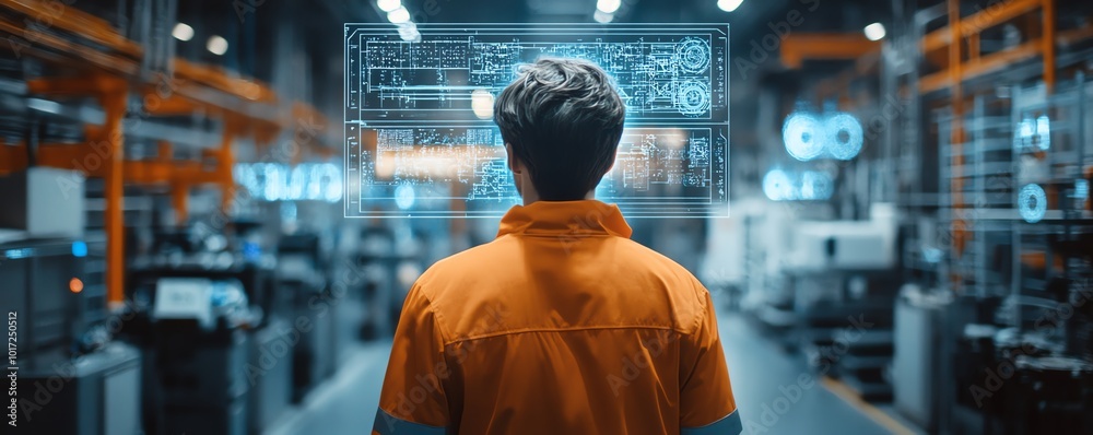 Leinwandbilder a factory worker reviews a holographic projection of a machines inner workings, showcasing innovativ