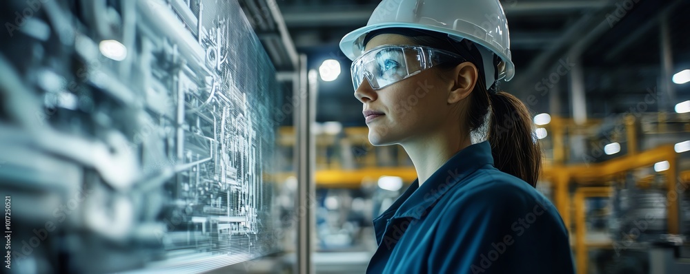 Fototapete A factory worker reviews a holographic projection of a machines inner workings, showcasing innovative solutions for proactive issue resolution