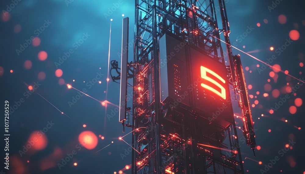 Poster a futuristic 5g base station receiver mounted on a tall telecommunication tower, surrounded by glowi