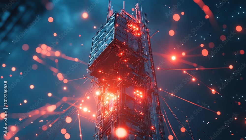 Poster a futuristic 5g base station receiver mounted on a tall telecommunication tower, surrounded by glowi