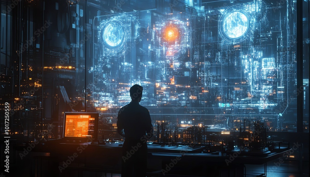 Poster A futuristic factory scene where a worker observes a holographic visualization of machinery, focusing on proactive maintenance strategies