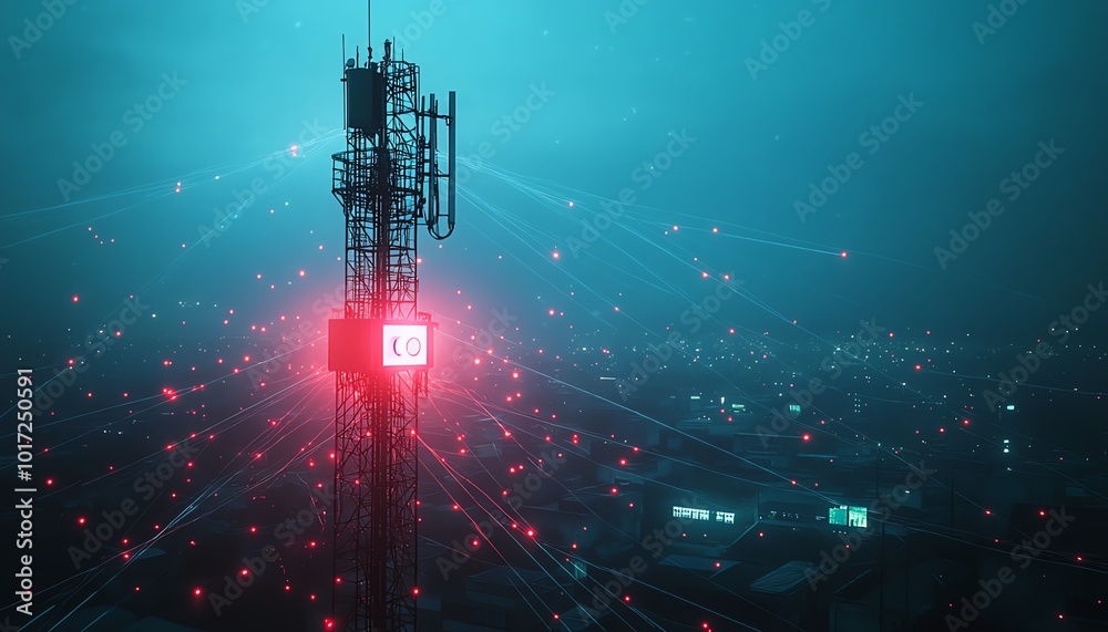 Poster a futuristic 5g base station receiver mounted on a tall telecommunication tower, surrounded by glowi