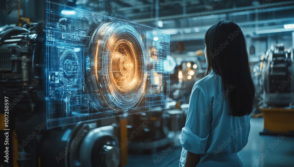 Aufkleber a futuristic factory scene where a worker observes a holographic visualization of machinery, focusin