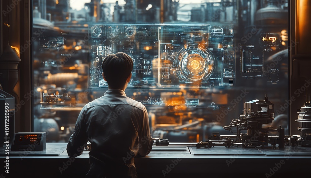 Aufkleber a futuristic factory scene where a worker observes a holographic visualization of machinery, focusin