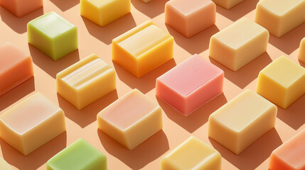 a digitally created high-quality photograph of smooth-edged, rectangular solid soaps arranged in a perfectly neat and orderly fashion on a soft light peach background