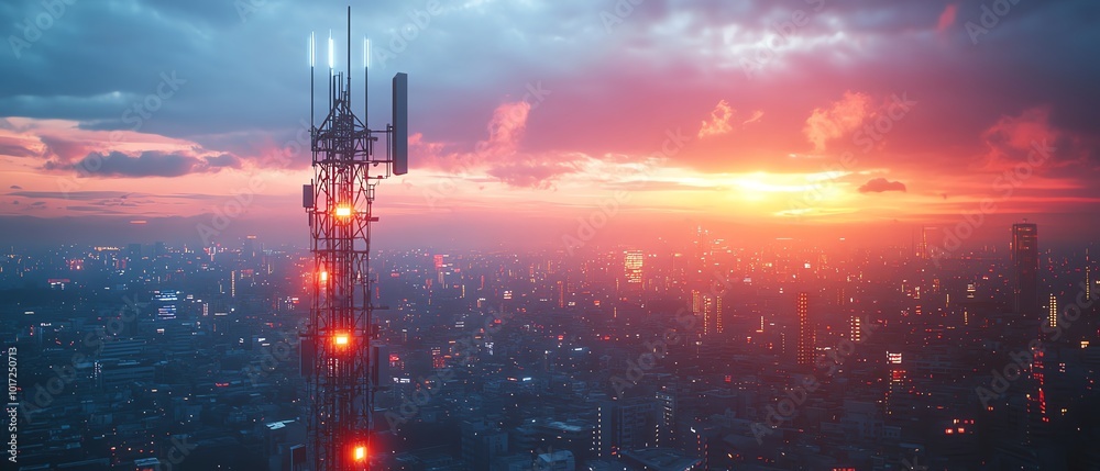 Poster a robust telecommunication tower with a 5g base station receiver, emanating vivid network connection