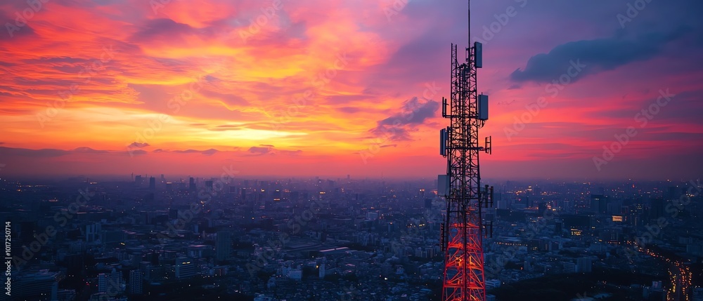 Poster a robust telecommunication tower with a 5g base station receiver, emanating vivid network connection