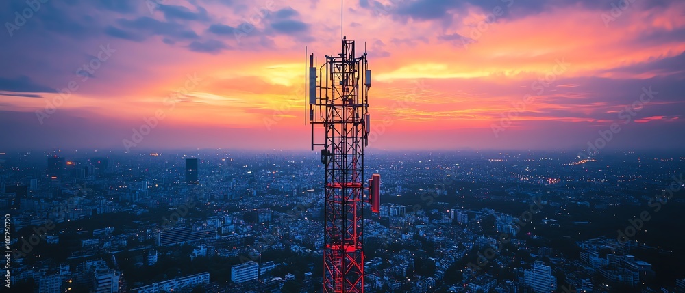 Poster a robust telecommunication tower with a 5g base station receiver, emanating vivid network connection