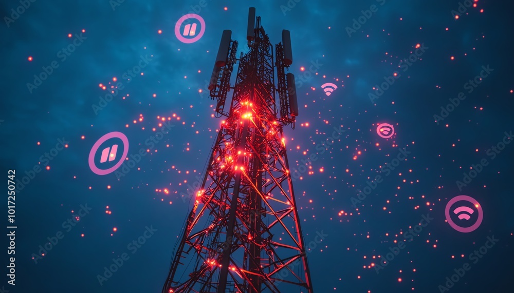 Poster a towering 5g base station receiver stands tall on a telecommunication tower, surrounded by glowing 