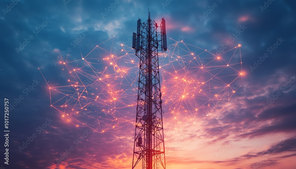 Poster a towering 5g base station receiver stands tall on a telecommunication tower, surrounded by glowing 
