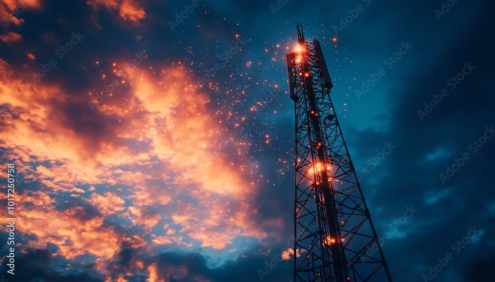 Poster a towering 5g base station receiver stands tall on a telecommunication tower, surrounded by glowing 