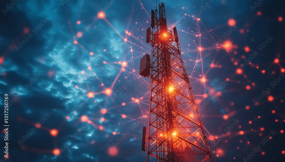 Poster a towering 5g base station receiver stands tall on a telecommunication tower, surrounded by glowing 