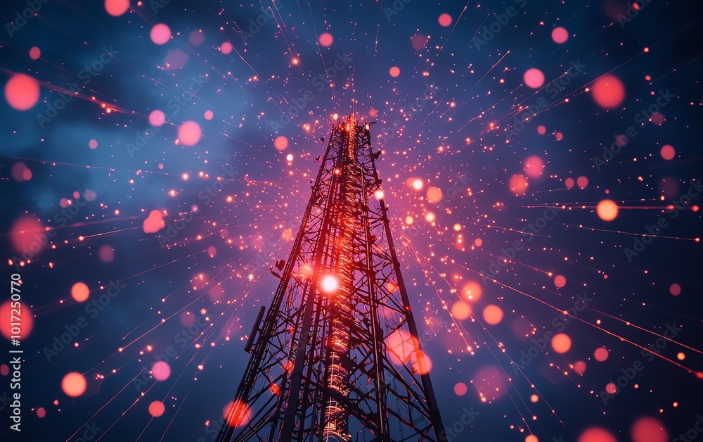 Poster a towering telecommunication structure with a 5g base station receiver, visualizing network connecti