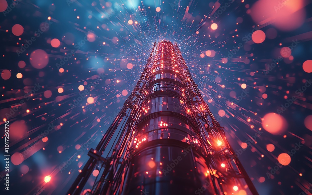 Poster a towering telecommunication structure with a 5g base station receiver, visualizing network connecti
