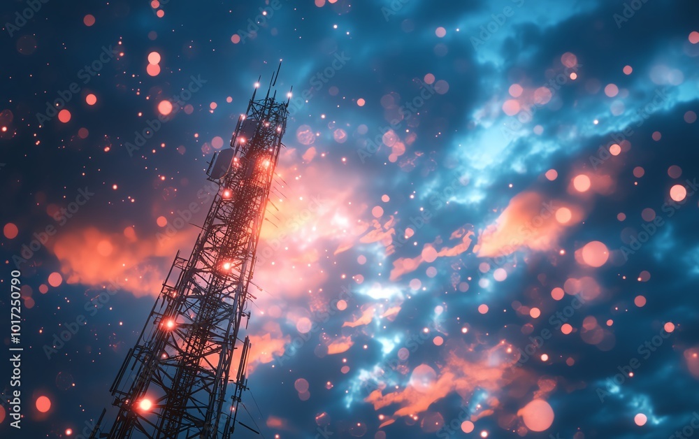 Poster a towering telecommunication structure with a 5g base station receiver, visualizing network connecti