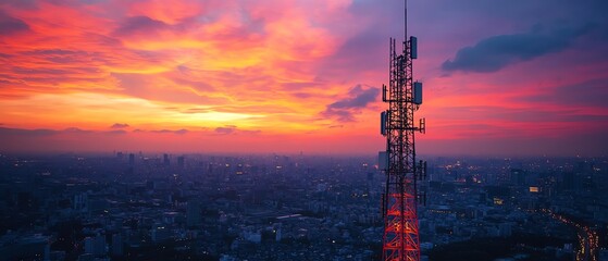A robust telecommunication tower with a 5G base station receiver, emanating vivid network connections across a city skyline