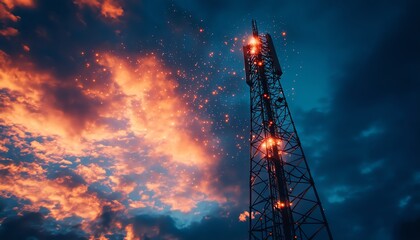 A towering 5G base station receiver stands tall on a telecommunication tower, surrounded by glowing network connections in the sky