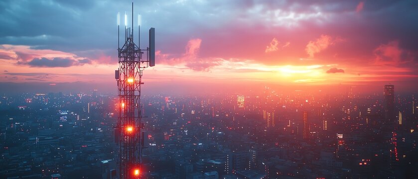 A robust telecommunication tower with a 5G base station receiver, emanating vivid network connections across a city skyline