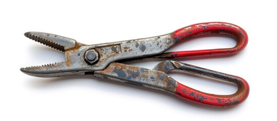 Obraz premium Rusty Pliers with Red Handles Isolated on White Background