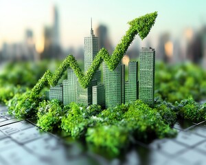 An artistic city skyline with greenery on urban structures and an upward arrow, symbolizing investment growth in ecofriendly initiatives