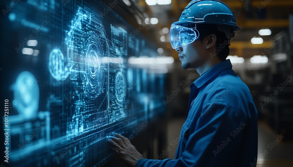 Aufkleber An innovative factory setting where a worker views a 3D holographic display of machine internals, illustrating predictive maintenance solutions