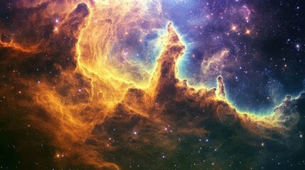 Fototapeta premium A cosmic landscape of a nebula with tendrils of green, gold, and purple gas stretching across the sky.