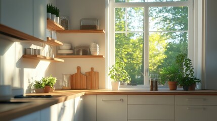 A cozy kitchen with white cabinets, wooden shelves, and a large window allowing natural light in.