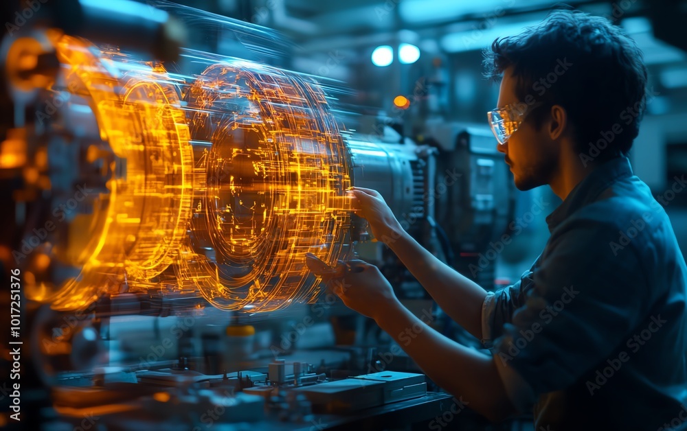 Poster in an advanced manufacturing environment, a worker examines a holographic display of machine interna