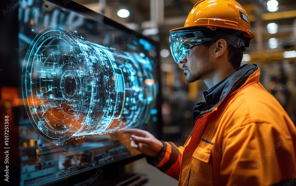 Aufkleber in an advanced manufacturing environment, a worker examines a holographic display of machine interna