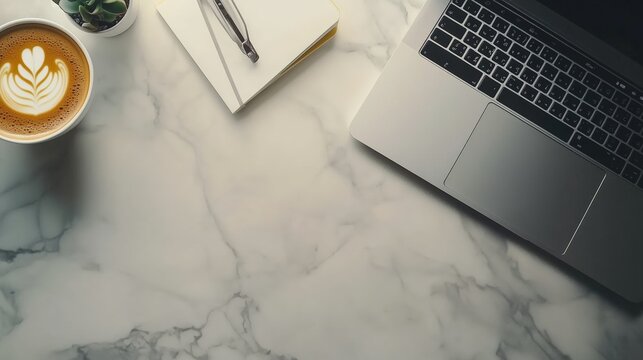Chic office desk flat lay laptop notebook coffee accessories sleek modern workspace. AI generated