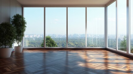 Fototapeta premium A floor-to-ceiling window view of a modern apartment with dark wood parquet flooring.