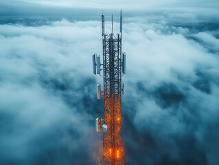 telecommunication tower with cellular equipment prominently displayed, showcasing advanced 5g technology amidst a cloudy sky, emphasizing connectivity and modern infrastructure