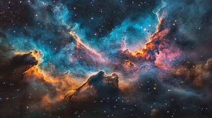 Fototapeta premium A glowing nebula in shades of teal and pink, with distant stars peeking through its ethereal clouds.