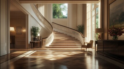 Obraz premium A grand foyer with a marble staircase and elegant parquet flooring, offering a luxurious entrance.