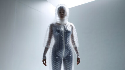 A person dressed in transparent bubble wrap stands in a minimalist indoor space with soft lighting. Bubble Wrap Appreciation Day concept