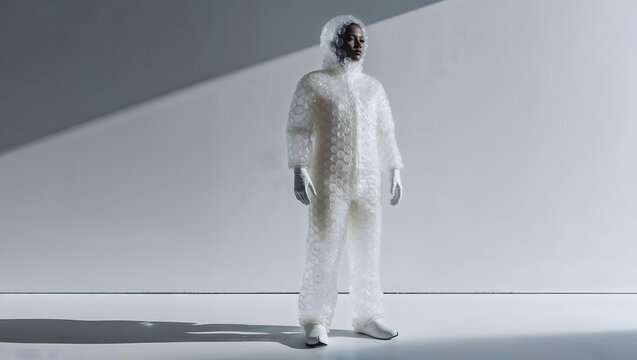 A person wearing a protective bubble wrap suit stands against a minimalist backdrop in daylight. Bubble Wrap Appreciation Day concept