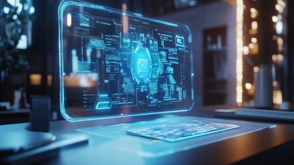 A holographic interface floating above a desk, illustrating advanced human-computer interaction.