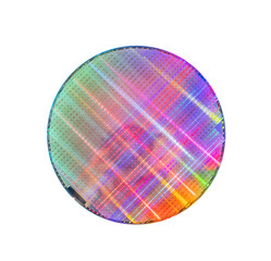 Polycrystalline silicon wafer with microchips isolated on white. Microelectronic device for the fabrication of integrated circuits.