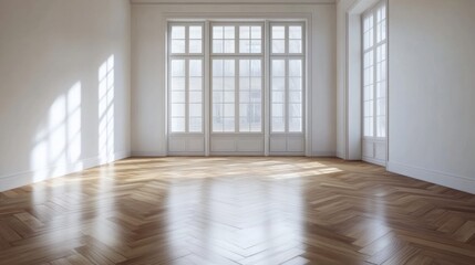 Fototapeta premium An empty room with newly installed herringbone parquet flooring, ready for furniture.