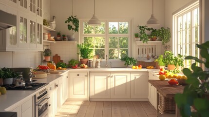 A kitchen with white cabinets and a pop of color from fresh fruit and potted plants.