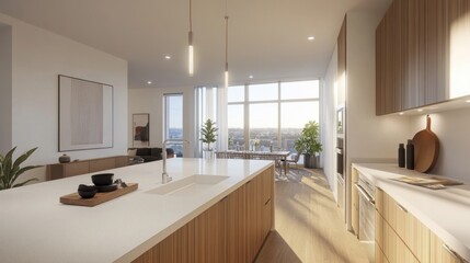 Fototapeta premium A kitchen with white countertops, light wood floors, and a large window filling the space with light.