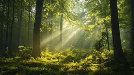 Fototapeta premium A lush green forest with sunlight filtering through the trees, representing nature conservation.