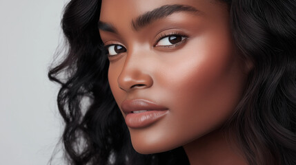 Fototapeta premium a woman with black hair and natural makeup gaze the camera directory